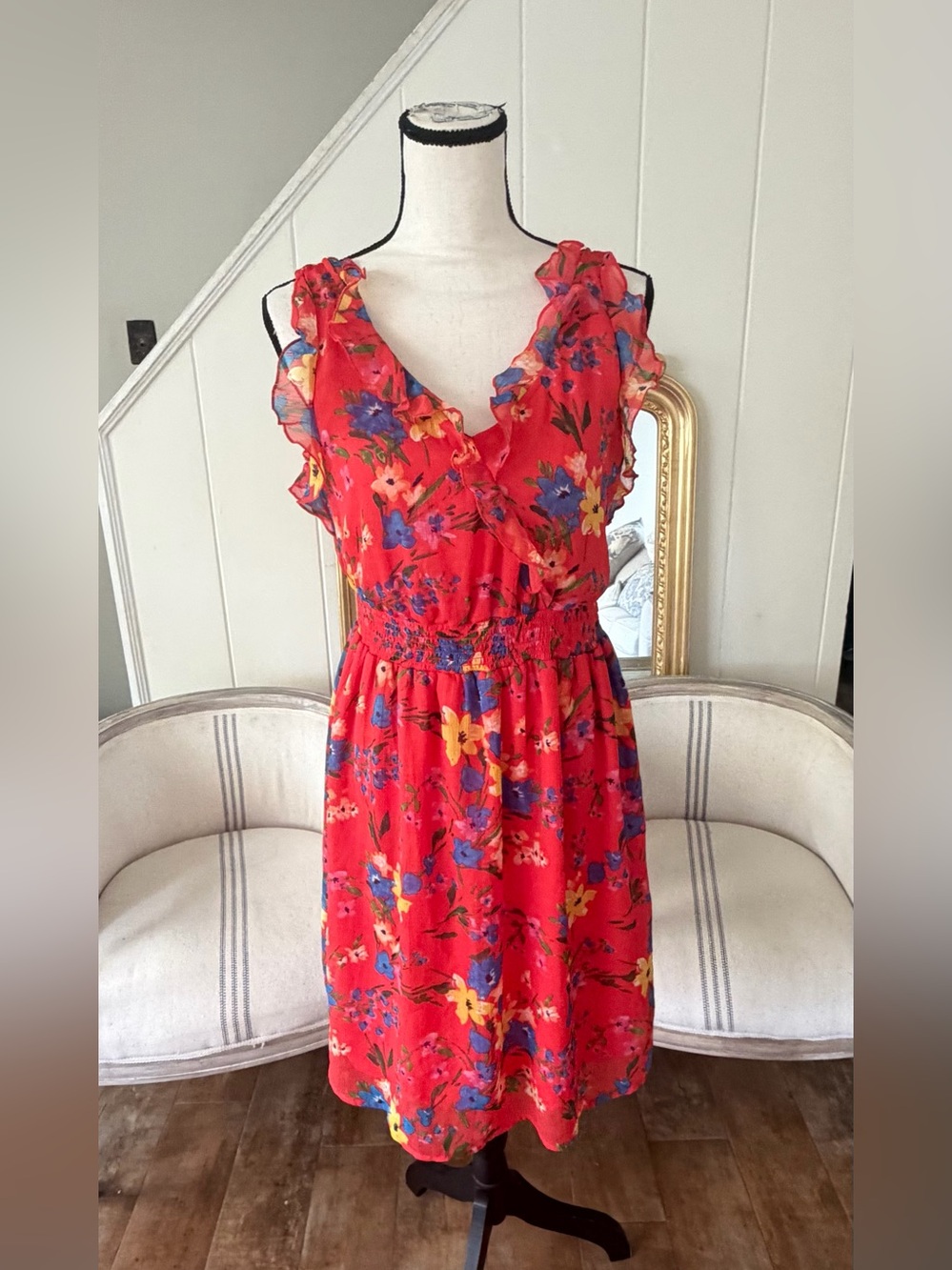 Red Floral Ruffle V-Neck Dress Old Navy